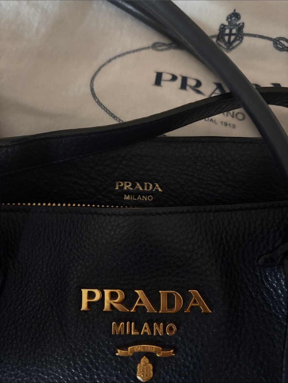 Prada Navy Leather Tote with Gold Logo Detail - Picture 6 of 10